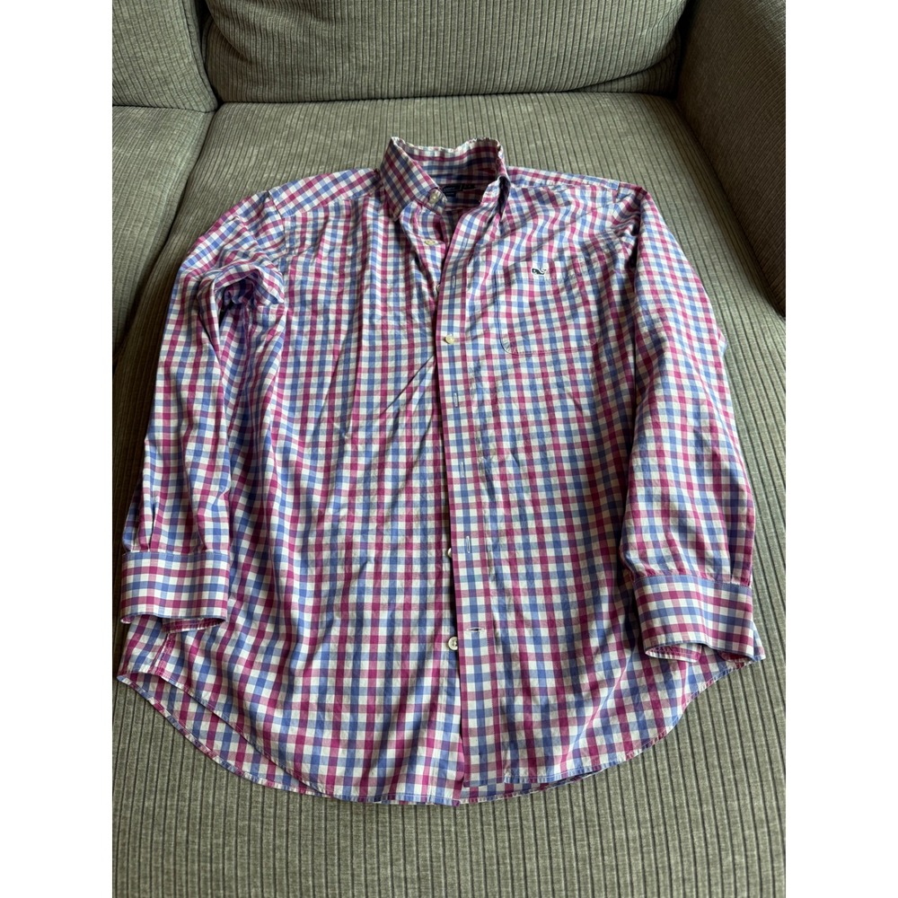 Vineyard Vines Mens Slim Fit Tucker Shirt Pink Blue Gingham Check Cotton Large